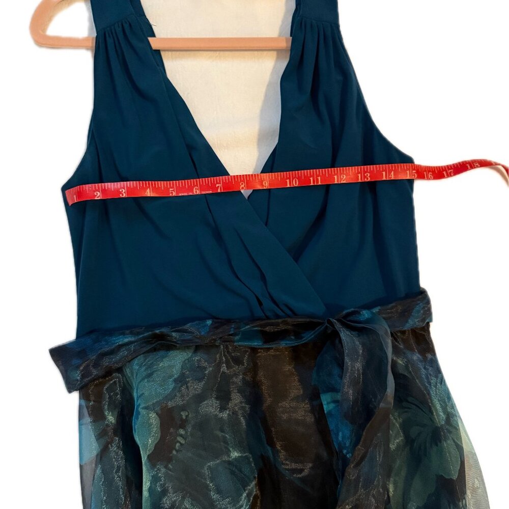 Eliza J Teal Floral Chiffon Ball Gown | Size 12 | Sleeveless V-Neck - Picture 8 of 12